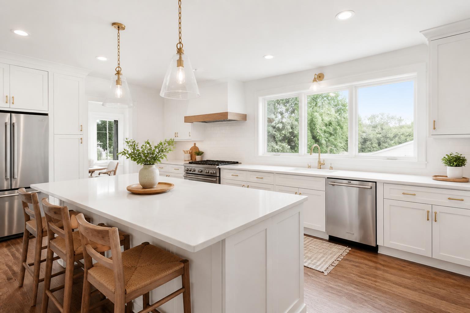 Bright, spotless residential kitchen with clean counters and natural light.